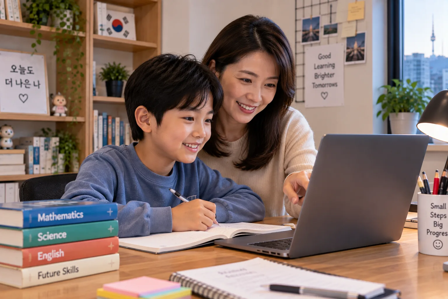 A mother and son in South Korea reviewing online schoolwork together at home