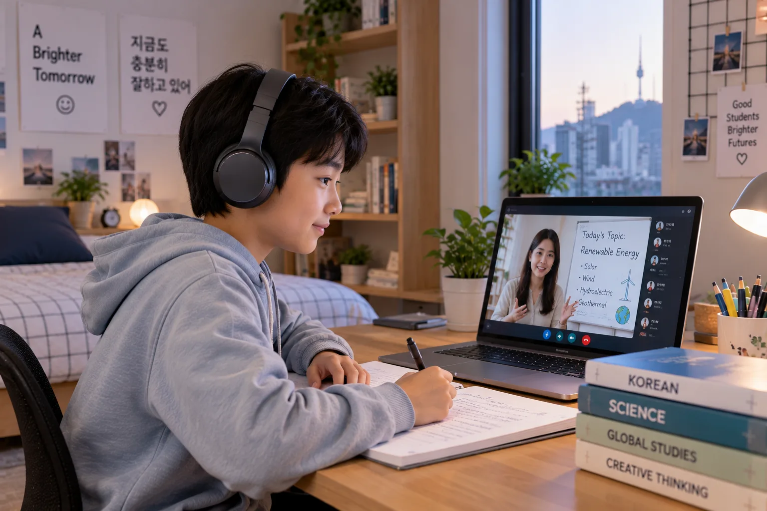 A student in South Korea attending a live online class from home