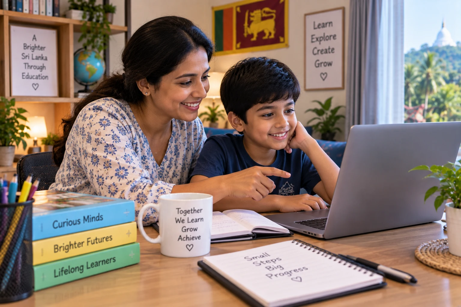 A mother and son reviewing academic progress together on a learning dashboard at home in Sri Lanka