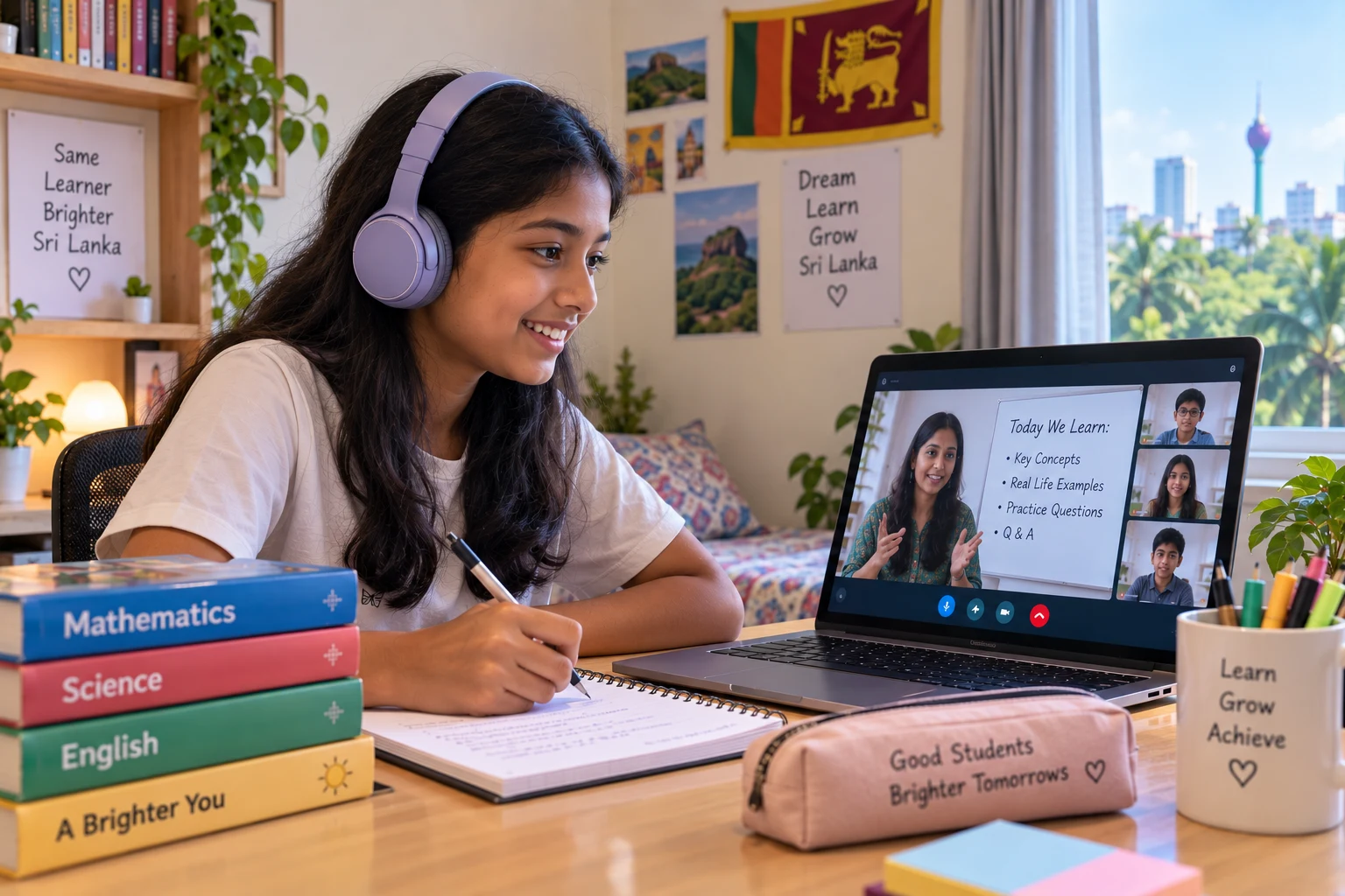 A student wearing headphones attending a live online class from home in Sri Lanka, with the Colombo skyline visible through the window