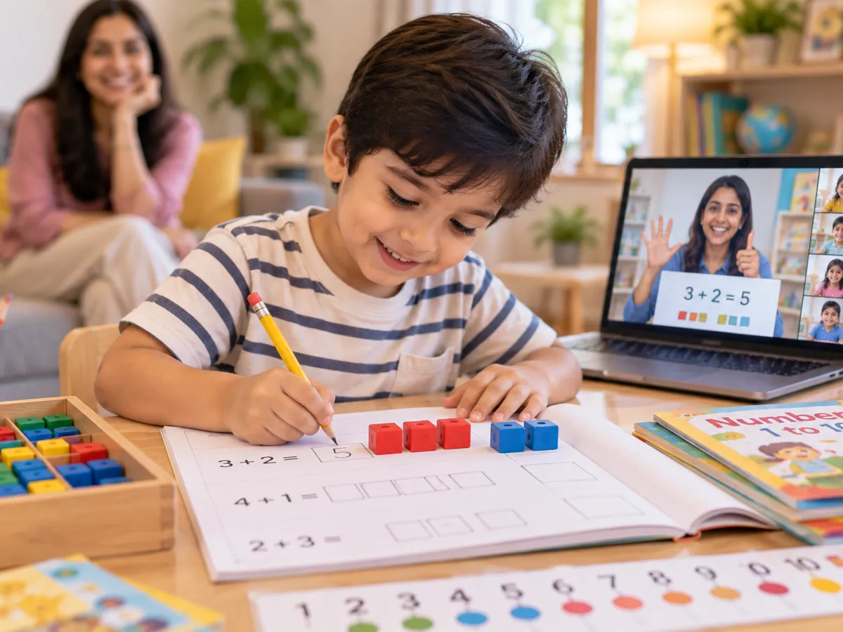 UKG child adding with counting blocks and writing the answer in a workbook during online UKG classes
