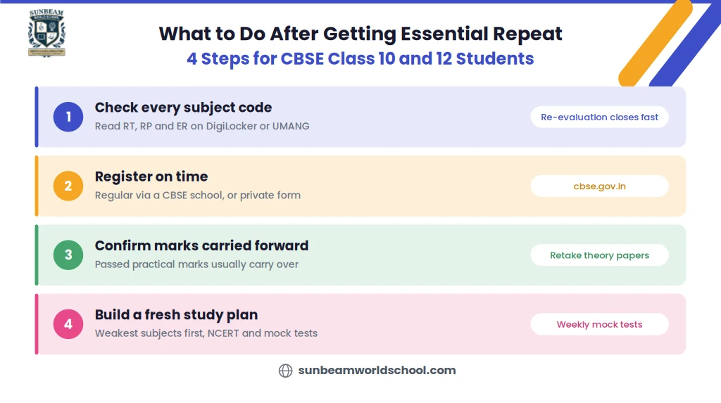 What to do after getting essential repeat in CBSE: check subject codes, register on time, confirm carried forward marks, build a study plan