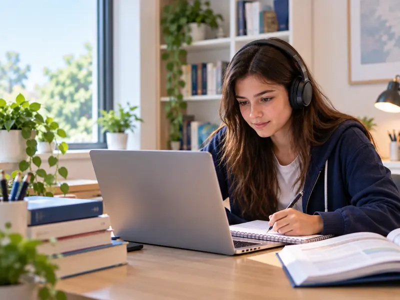 A senior secondary student studying for Year 11 of the Australian curriculum in a live online class at home