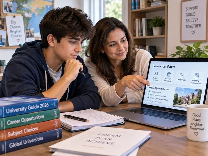 A parent and their senior secondary student discussing subject choices and university plans at home