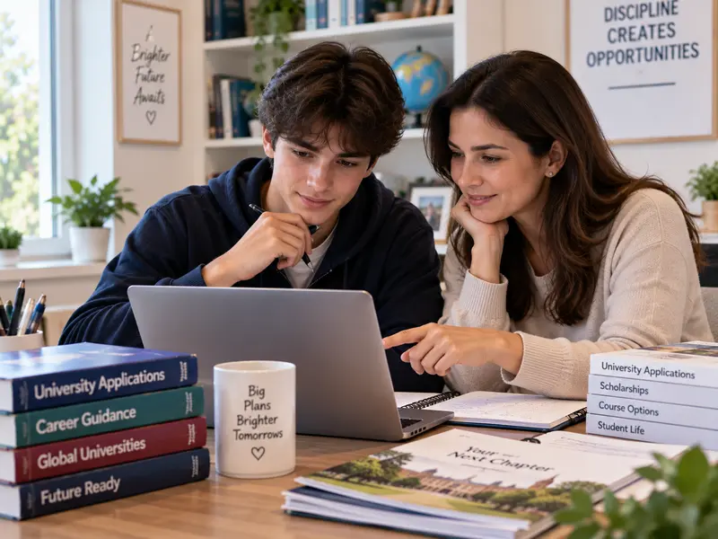 A parent and their Year 12 student discussing university applications at home