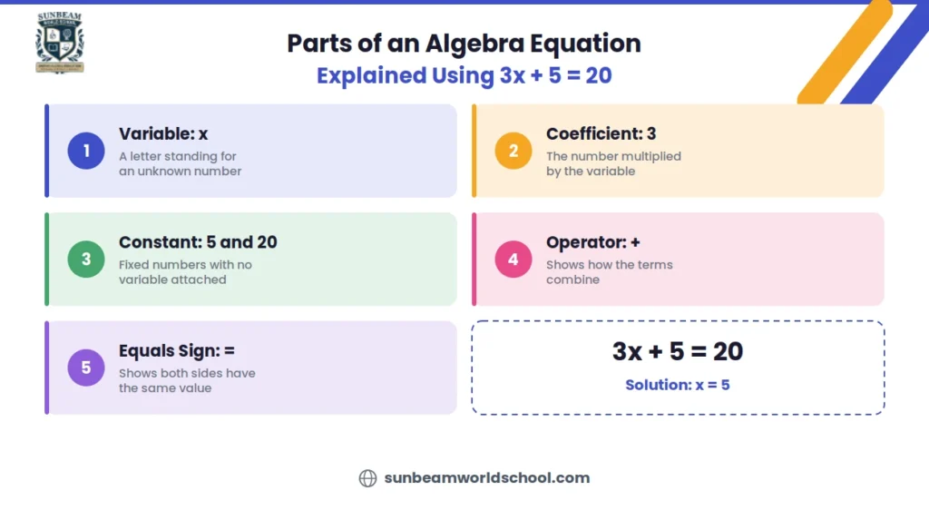 Parts of an algebra equation labelled using 3x + 5 = 20: variable, coefficient, constant, operator and equals sign